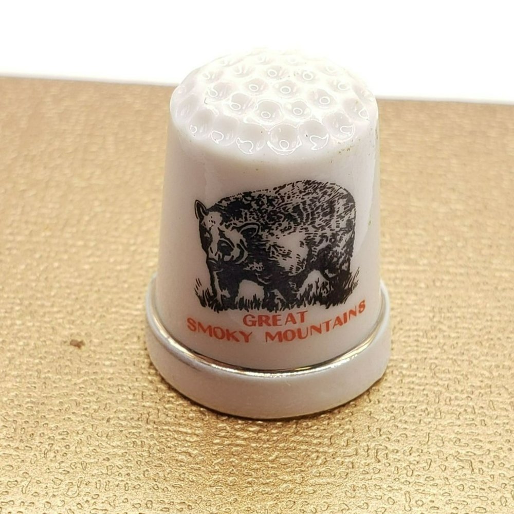 Vintage Collectible Thimble Great Smoky Mountains Bear Gold-Rimmed Porcelain